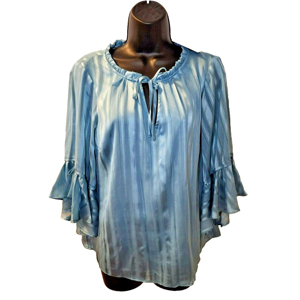 LC Lauren Conrad Striped Ruffle Sleeve Tie Neck Blouse Blue Size M‎
